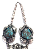 Vintage Native American Sterling Silver & Bisbee Turquoise Detailed Squash Blossom Choker Necklace