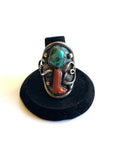 Size 8.5 Old Pawn Navajo 2 Stone Natural  Coral & Turquoise Sterling Men's Ring A031