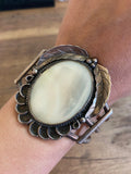 Vintage Sterling Silver & Mother of Pearl Cuff Bracelet, 61 Grams, Navajo Bracelet B032