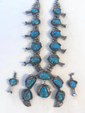 Large Vintage Navajo Turquoise Sterling Silver Squash Blossom Necklace and Matching Earrings, 295 Grams