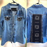 Embellished Denim Jacket, Vintage African Textiles, Boho Jean Jacket