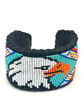 Unisex Leather Beaded Wide Cuff Bracelet / Bead Work, Eagle Design