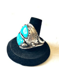 Size 14 Vintage Men's Native American Sterling Silver Turquoise Ring, Signed, Shadowbox Ring