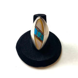 Vintage Native American Sterling Silver Turquoise Mother of Pearl Inlay Ring, Size 7