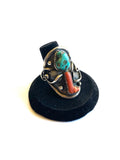 Size 8.5 Old Pawn Navajo 2 Stone Natural  Coral & Turquoise Sterling Men's Ring A031