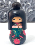 6'' Vintage Kokeshi Doll / Japanese Art/ Japanese Crafts , Black Kimono with Flowers
