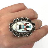 Vintage Sterling Silver Kachina Dancer Ring, Mother of Pearl Inlay, Size 7.25