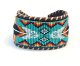 Unisex Leather Beaded Wide Cuff Bracelet / Feather Bead Work Design