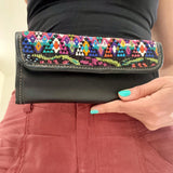 Guatemalan Leather Trifold Wallet, Embroidered Mayan Design Wallet With Check Book Slit