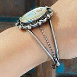 Native American Sterling & Mother of Pearl Inlay Cuff Bracelet, 37 Grams, Southwestern Jewelry B016