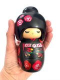 Vintage Kokeshi Wooden Doll, Green Kimono with Red Flowers