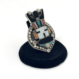 Huge Southwest Vintage Sterling Silver Multi Stone Inlay Kachina Ring, (R017)