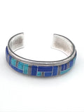 Vintage Native American Navajo Sterling Silver Turquoise Lapis Inlay Cuff Bracelet By Frank Chee