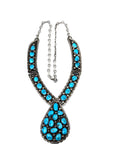 Vintage Navajo Turquoise Cluster Sterling Silver Necklace, Turquoise Teardrop Center Necklace, 71 Grams (N036)