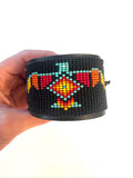 Unisex Leather Beaded Wide Cuff Bracelet With Adjustable Strap/ Bead Work Design