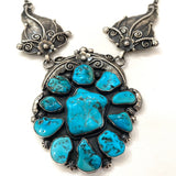 Vintage Huge Navajo Sterling Silver Turquoise Squash Blossom Necklace (N002)