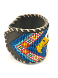 Unisex Leather Beaded Wide Cuff Bracelet / Bead Work, Eagle Design