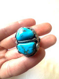 Size 14 Vintage Men's Native American Sterling Silver Turquoise Ring, Signed, Shadowbox Ring