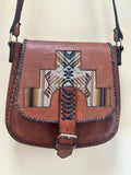 Vintage Leather Crossbody Bag, Southwestern Style, Woven Textile Leather Purse
