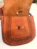Vintage Boho Hand Tooled Leather Crossbody Bag/ Adjustable Strap