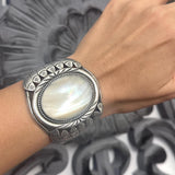 Vintage Sterling Silver & Mother of Pearl Solid Cuff Bracelet, 57 Grams, Navajo Bracelet