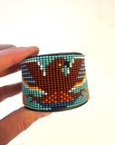 Unisex Leather Beaded Wide Cuff Bracelet With Adjustable Strap/ Bead Work Design