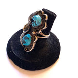Vintage Navajo Kingman Turquoise Sterling Silver Leaf Ring, Size 7