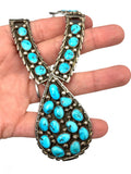 Vintage Navajo Turquoise Cluster Sterling Silver Necklace, Turquoise Teardrop Center Necklace, 71 Grams (N036)