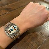 Vintage Sterling Silver Kachina Dancer Cuff Bracelet, Mother of Pearl Inlay