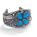 Vintage Native American Turquoise Ornate Sterling Silver Squash Blossom Cuff Bracelet B022