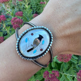 Vintage Zuni Native American Sterling Silver Mother of Pearl Cuff Bracelet, 26 Grams B039