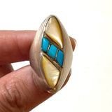 Vintage Native American Sterling Silver Turquoise Mother of Pearl Inlay Ring, Size 7