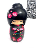 Vintage Kokeshi Wooden Doll, Green Kimono with Red Flowers
