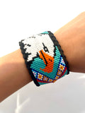Unisex Leather Beaded Wide Cuff Bracelet / Bead Work, Eagle Design