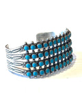 Vtg Zuni Sterling Silver 4 Rows Turquoise Snake Eye Petit Point Cuff Bracelet