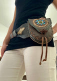 Boho Leather Belt Bag with Beadwork - Hippie Style Waist Bag