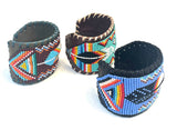Unisex Leather Beaded Wide Cuff Bracelet / Feather Bead Work Design