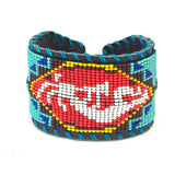 Unisex Leather Beaded Wide Cuff Bracelet / Kokopeli Bead Work Design