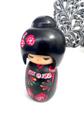 Vintage Kokeshi Wooden Doll, Green Kimono with Red Flowers