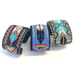 Unisex Leather Beaded Wide Cuff Bracelet / Feather Bead Work Design