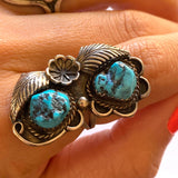 Vintage Navajo Kingman Turquoise Sterling Silver Leaf Ring, Size 7