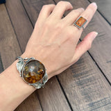 Vintage Sterling Silver Baltic Amber Leaves Design Cuff Bracelet