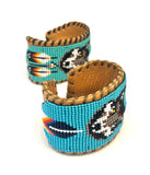 Unisex Leather Beaded Wide Cuff Bracelet / Bead Work, Fox Design