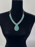 Vintage Navajo Turquoise Cluster Sterling Silver Necklace, Turquoise Teardrop Center Necklace, 71 Grams (N036)