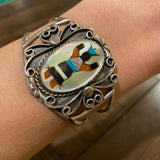 Vintage Sterling Silver Kachina Dancer Cuff Bracelet, Mother of Pearl Inlay