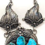 Vintage Huge Navajo Sterling Silver Turquoise Squash Blossom Necklace (N002)