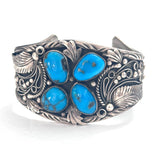 Vintage Native American Turquoise Ornate Sterling Silver Squash Blossom Cuff Bracelet B022