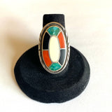 Size 6.5 Vintage Zuni Multi Stone Inlay Sterling Silver Ring #A045
