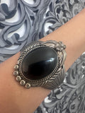 Huge Vintage Native American Sterling Silver Onyx Cuff Bracelet, 70 Grams