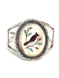 Vintage Cardinal Inlay Native American Sterling Silver Mother of Pearl Cuff Bracelet, 32 Grams